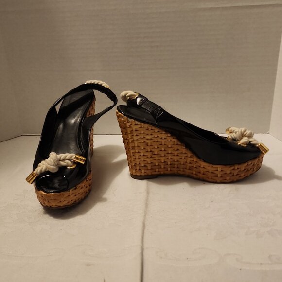Tory Burch Shoes - Size 7.5-8 Tory Burch Black Patent Leather & Tan Wicker Slingback Wedge Heels